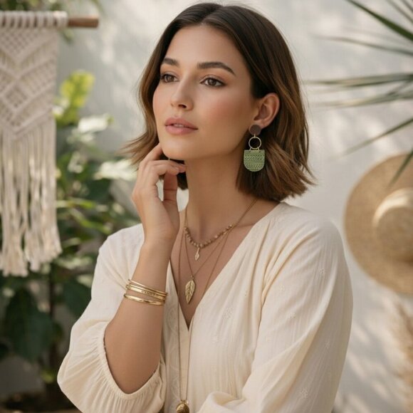 Sage Green Polymer Clay Wood Dangle Earrings Gold Plated Sterling Silver Posts - Picture 10 of 17